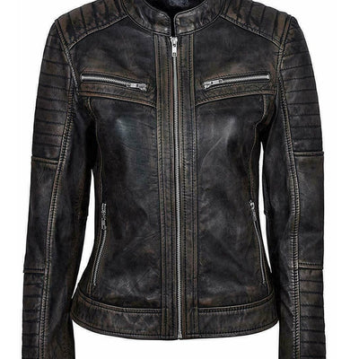 Women HM Distress Black Real Leather Jacket Style - 843
