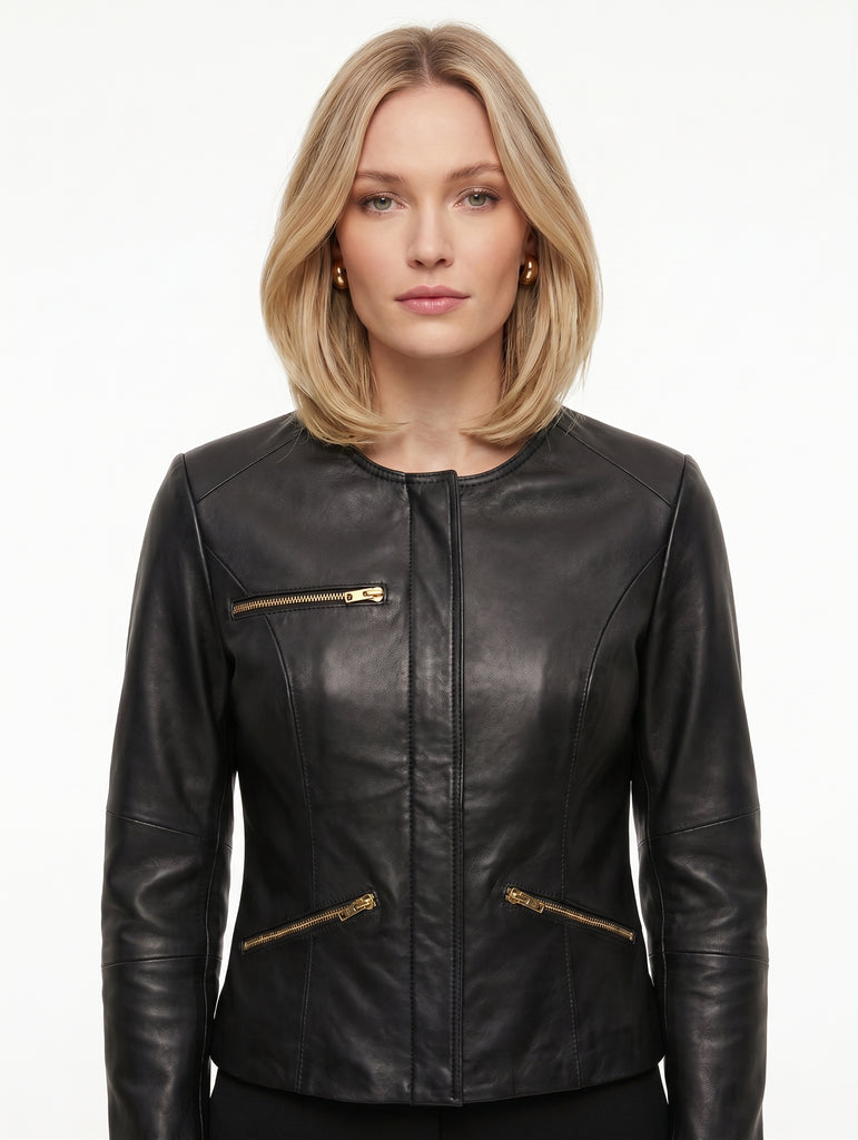 Women MJL Real Leather Collarless Jacket Style - 1068