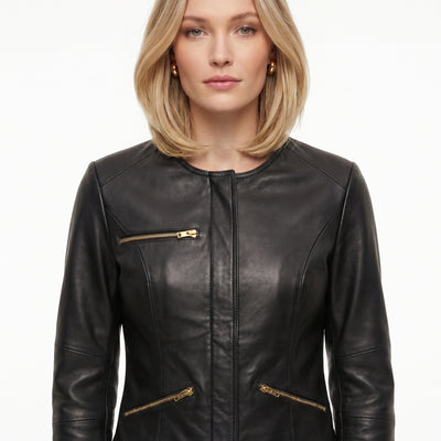 Women MJL Real Leather Collarless Jacket Style - 1068