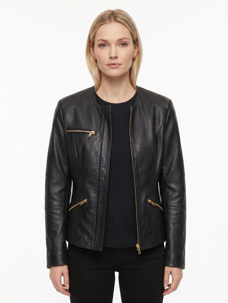 Women MJL Real Leather Collarless Jacket Style - 1068