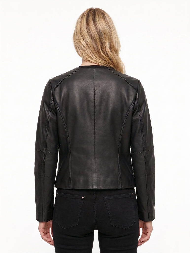 Women MJL Real Leather Collarless Jacket Style - 1068