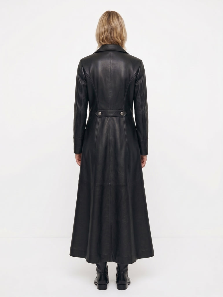 Women OTS Long Military-Inspired Leather Coat Style - 991