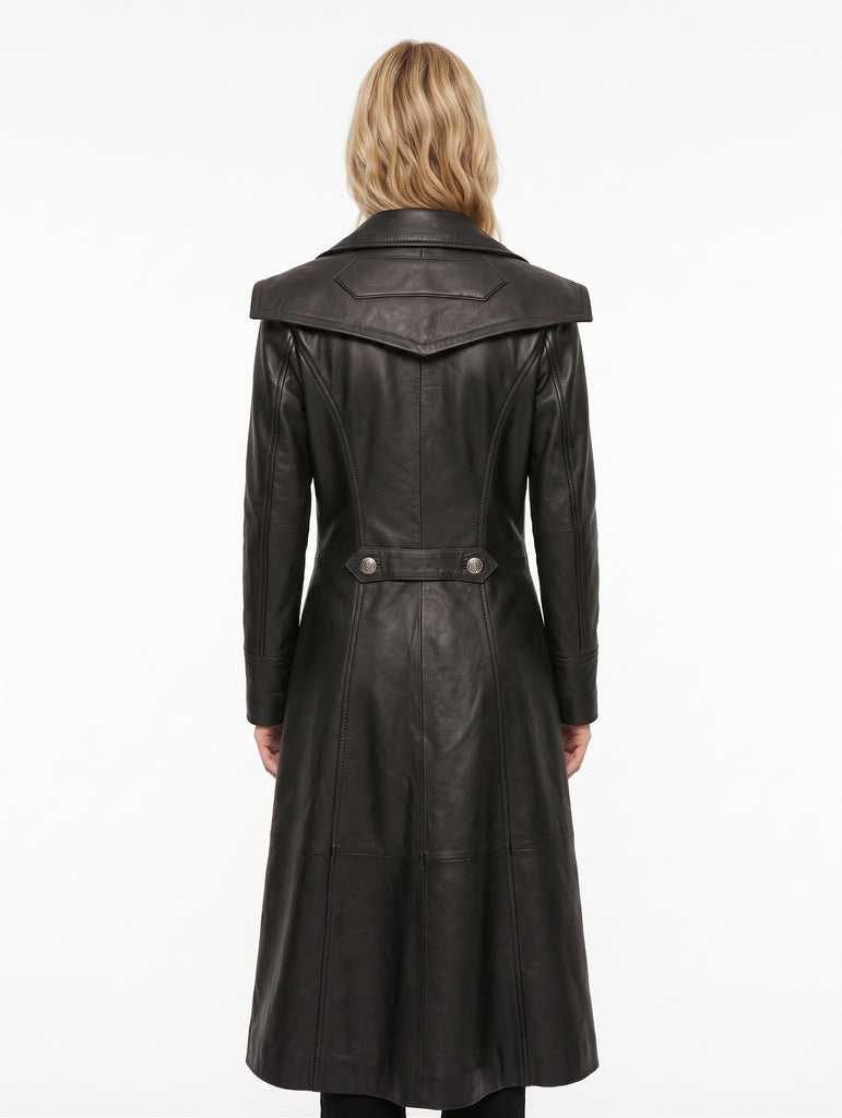 Women OTS Long Military-Inspired Leather Coat Style - 991