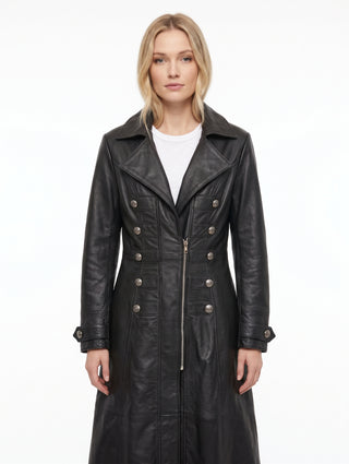 Women OTS Long Military-Inspired Leather Coat Style - 991