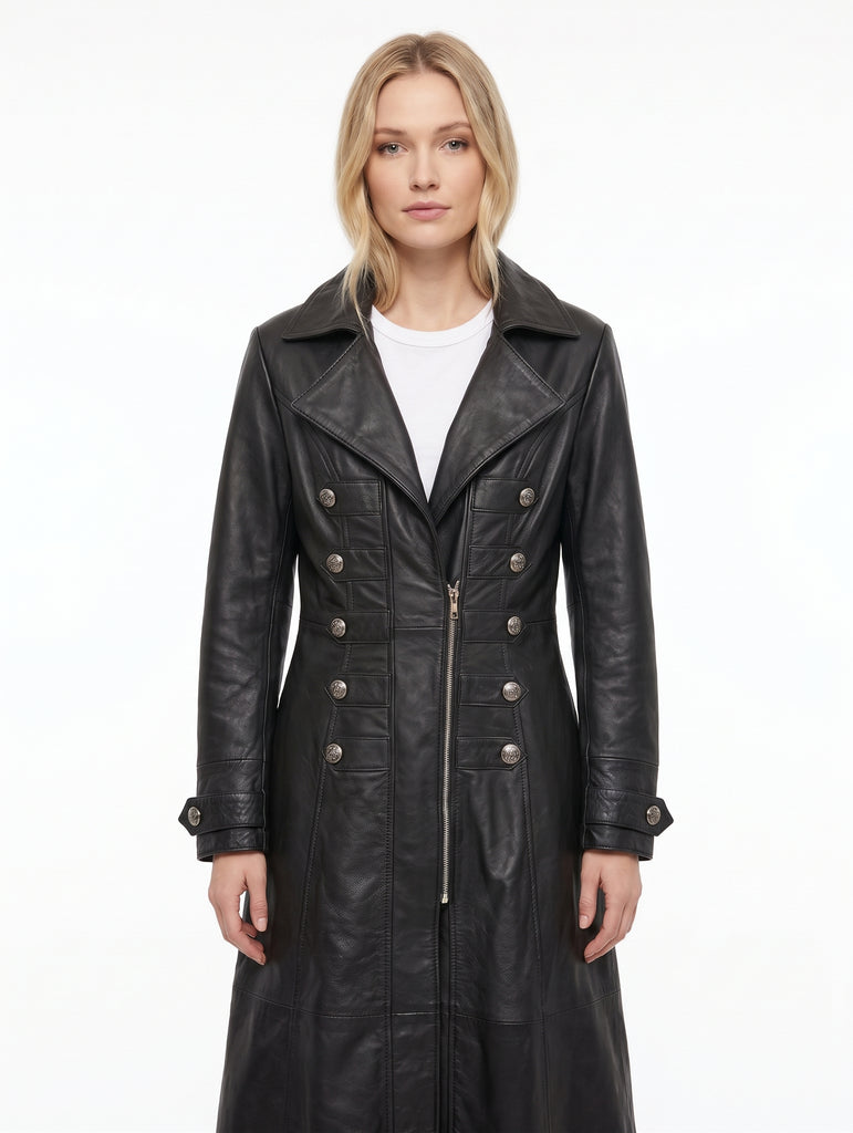 Women OTS Long Military-Inspired Leather Coat Style - 991