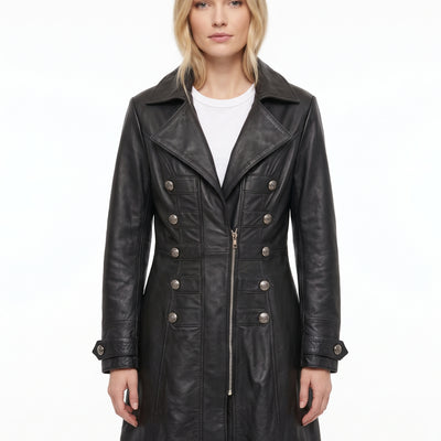 Women OTS Long Military-Inspired Leather Coat Style - 991