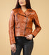 Woman Real Leather Biker Leather Jacket Tan Brown Waxed Soft Lambskin