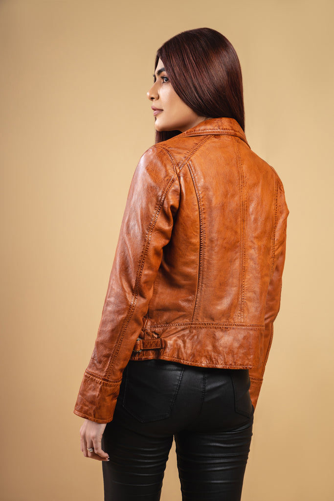 Woman Real Leather Biker Leather Jacket Tan Brown Waxed Soft Lambskin