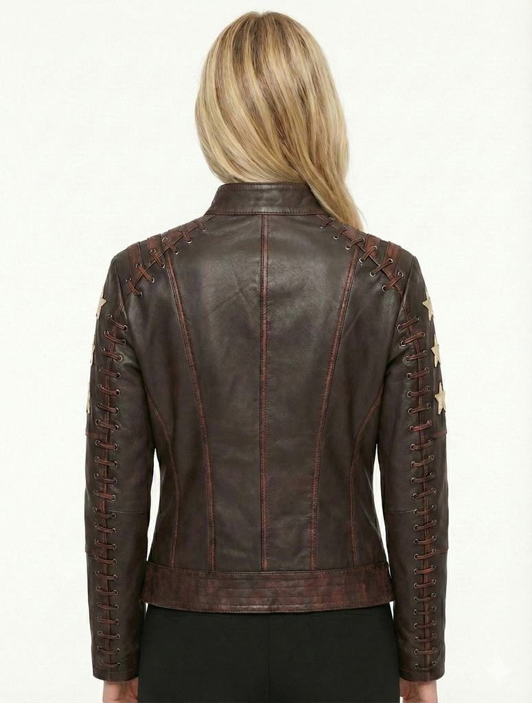 Women RVS Real Leather Biker Jacket Distress Soft Lambskin Style - 446