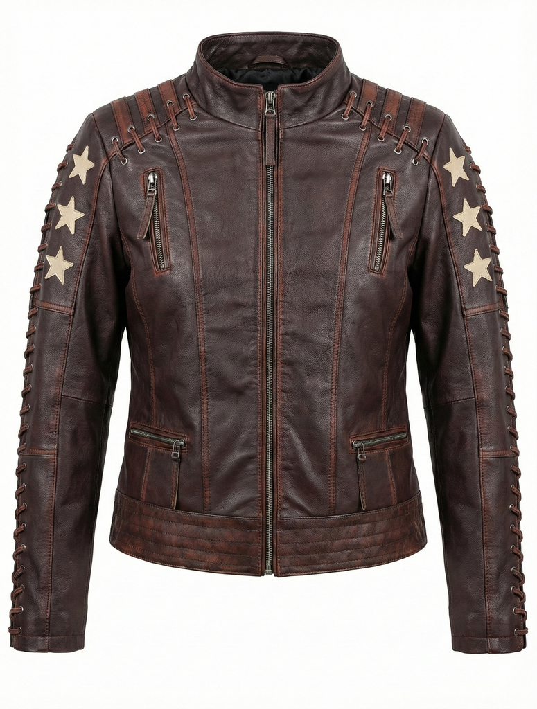 Women RVS Real Leather Biker Jacket Distress Soft Lambskin Style - 446