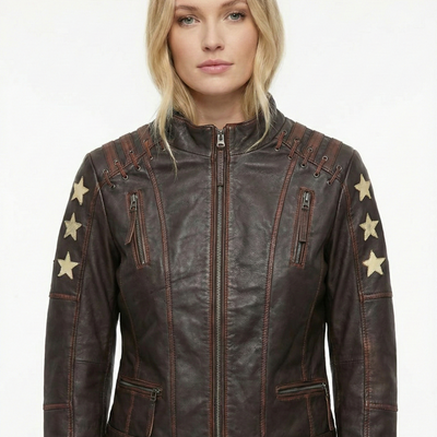 Women RVS Real Leather Biker Jacket Distress Soft Lambskin Style - 446