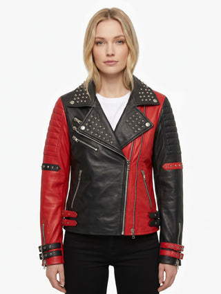 Women Red and Black Studded Real Leather Jacket Style - 838