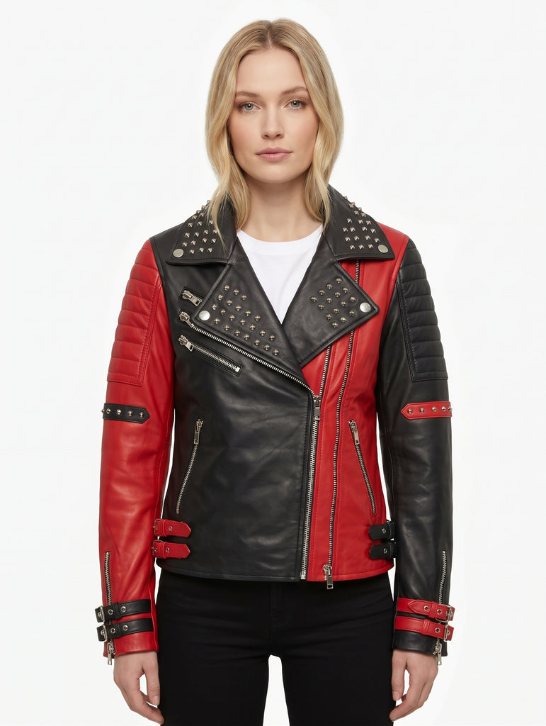 Women Red and Black Studded Real Leather Jacket Style - 838