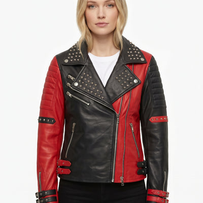 Women Red and Black Studded Real Leather Jacket Style - 838