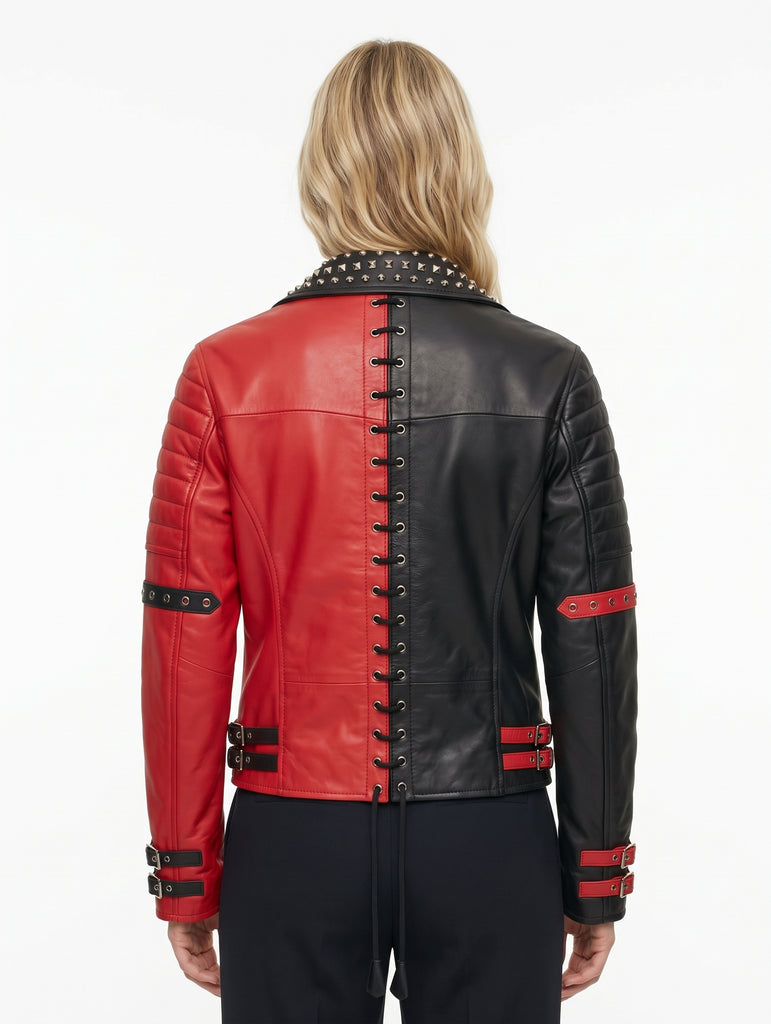 Women Red and Black Studded Real Leather Jacket Style - 838