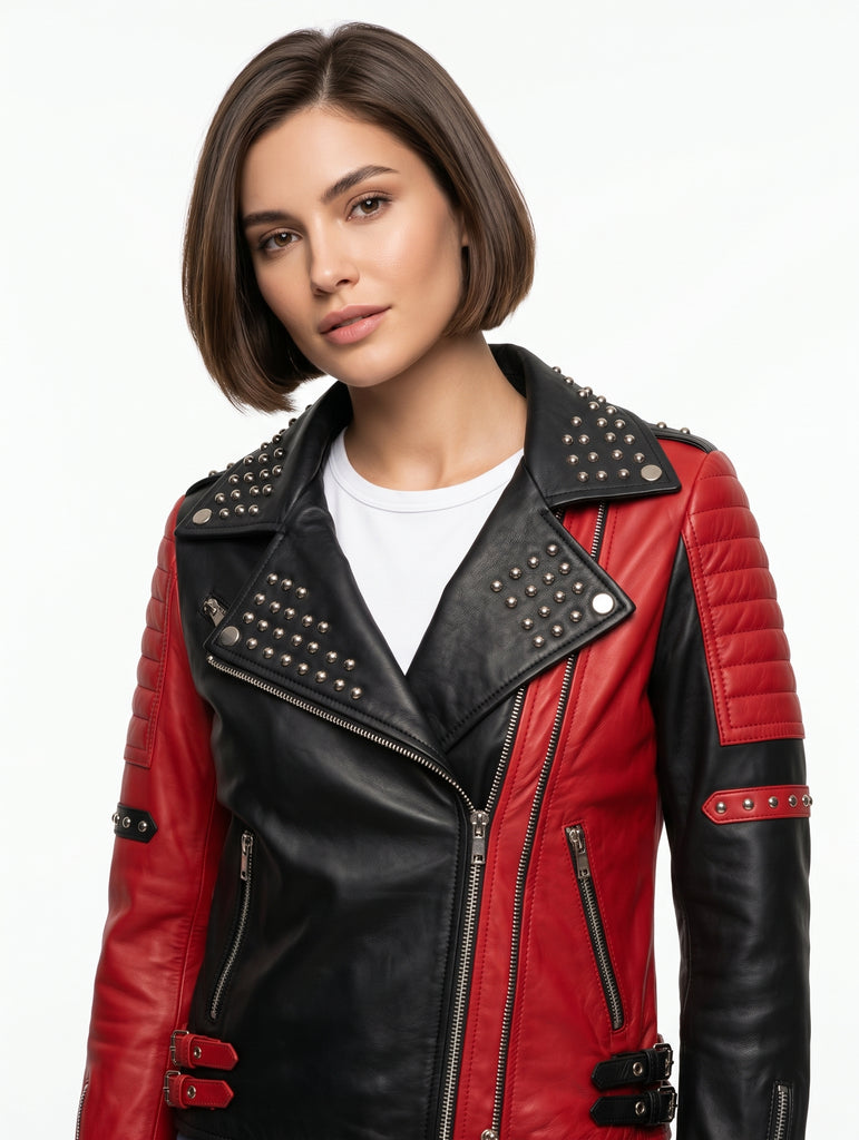 Women Red and Black Studded Real Leather Jacket Style - 838