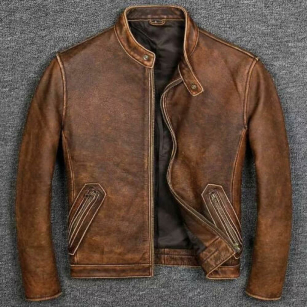Distressed Cafe Racer Brown Leather Jacket