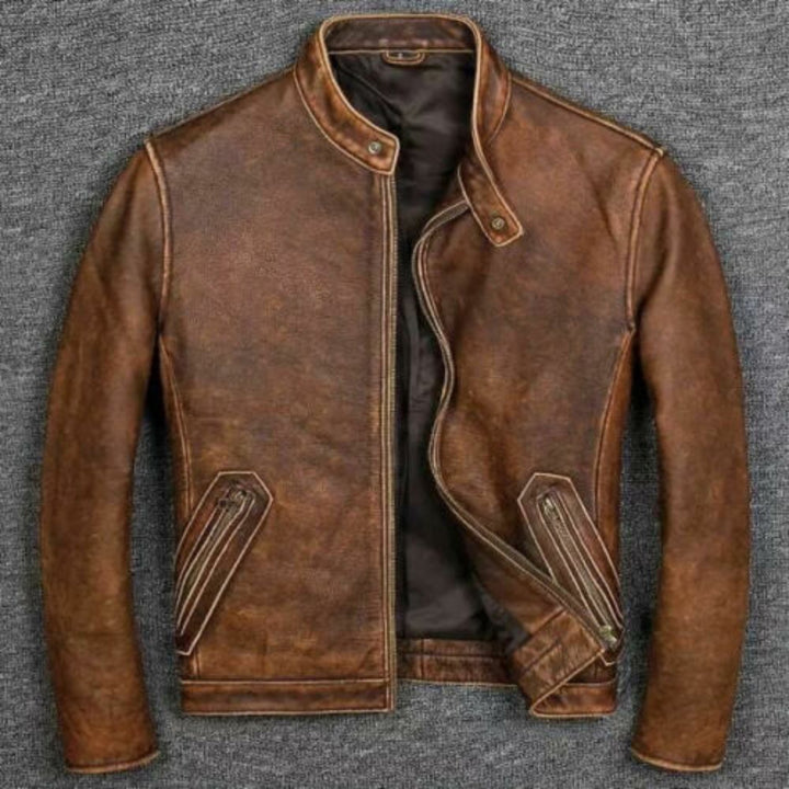 thumbnail image 2 of Men's Vintage Distressed PU Leather Jacket - Racer Biker Style Casual Spencer For Fall & Winter 2 of 13