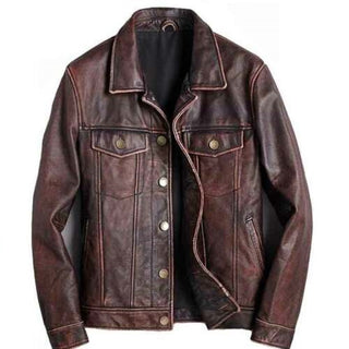 Men Trucker Distress Brown Real Leather Jacket Style - 785