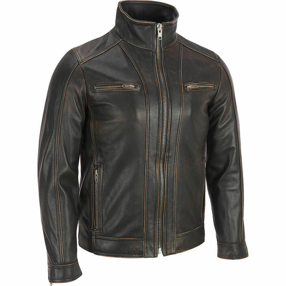 Men Rivet Distress Black Real Leather Biker Jacket Style - 165