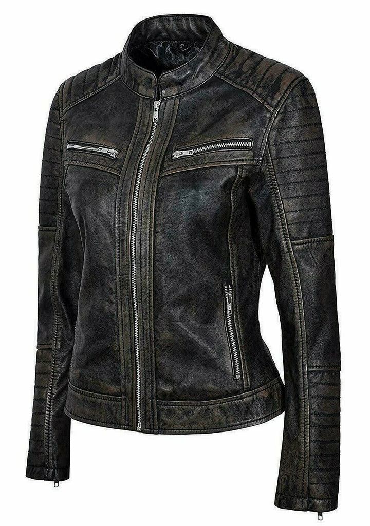 Woman Leather Biker Jacket Black Distress