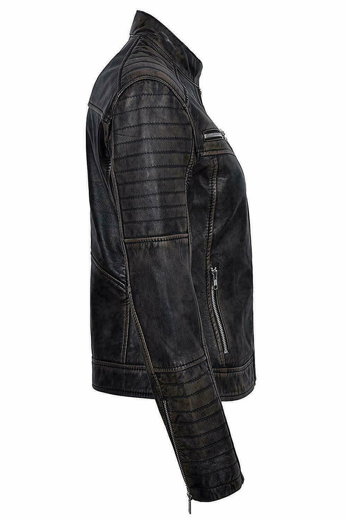 Woman Leather Biker Jacket Black Distress