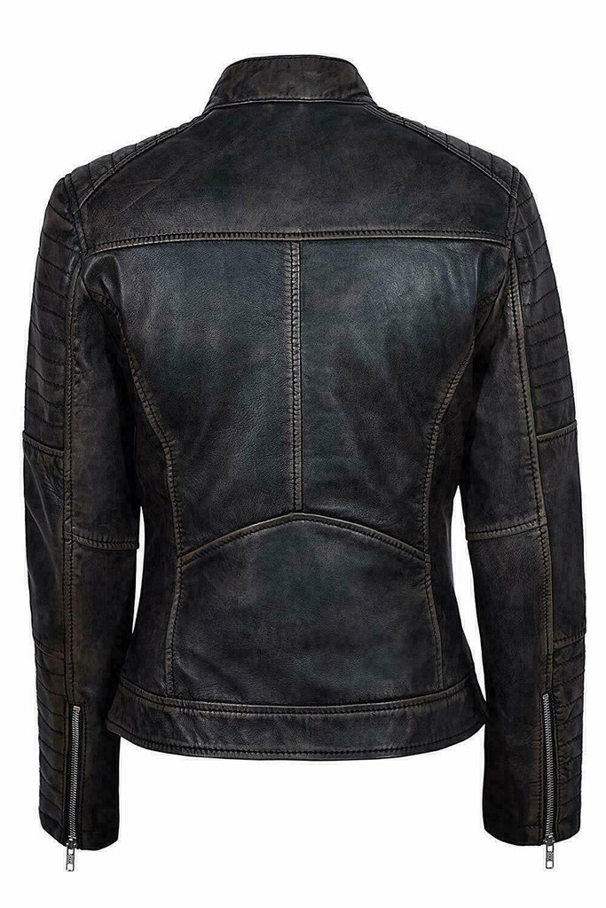 Woman Leather Biker Jacket Black Distress