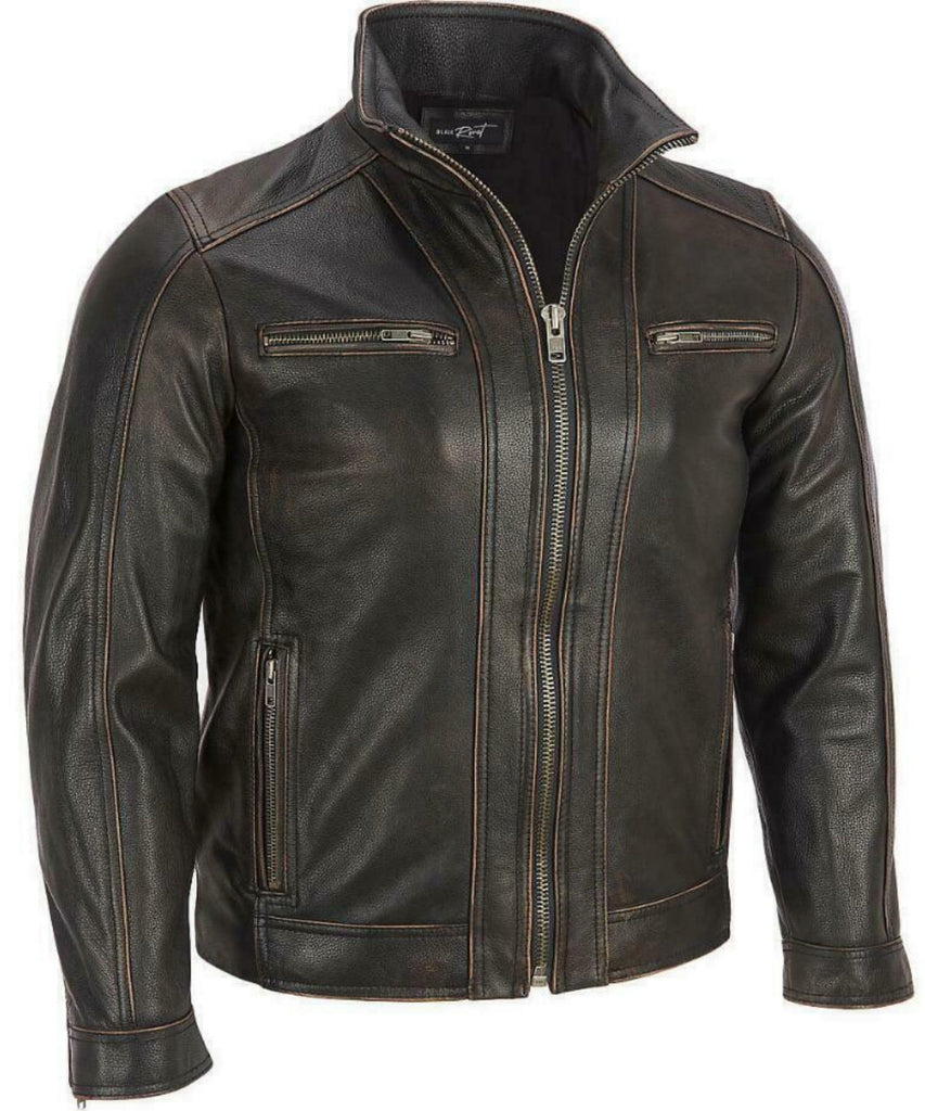 Men Rivet Distress Black Real Leather Biker Jacket Style - 165