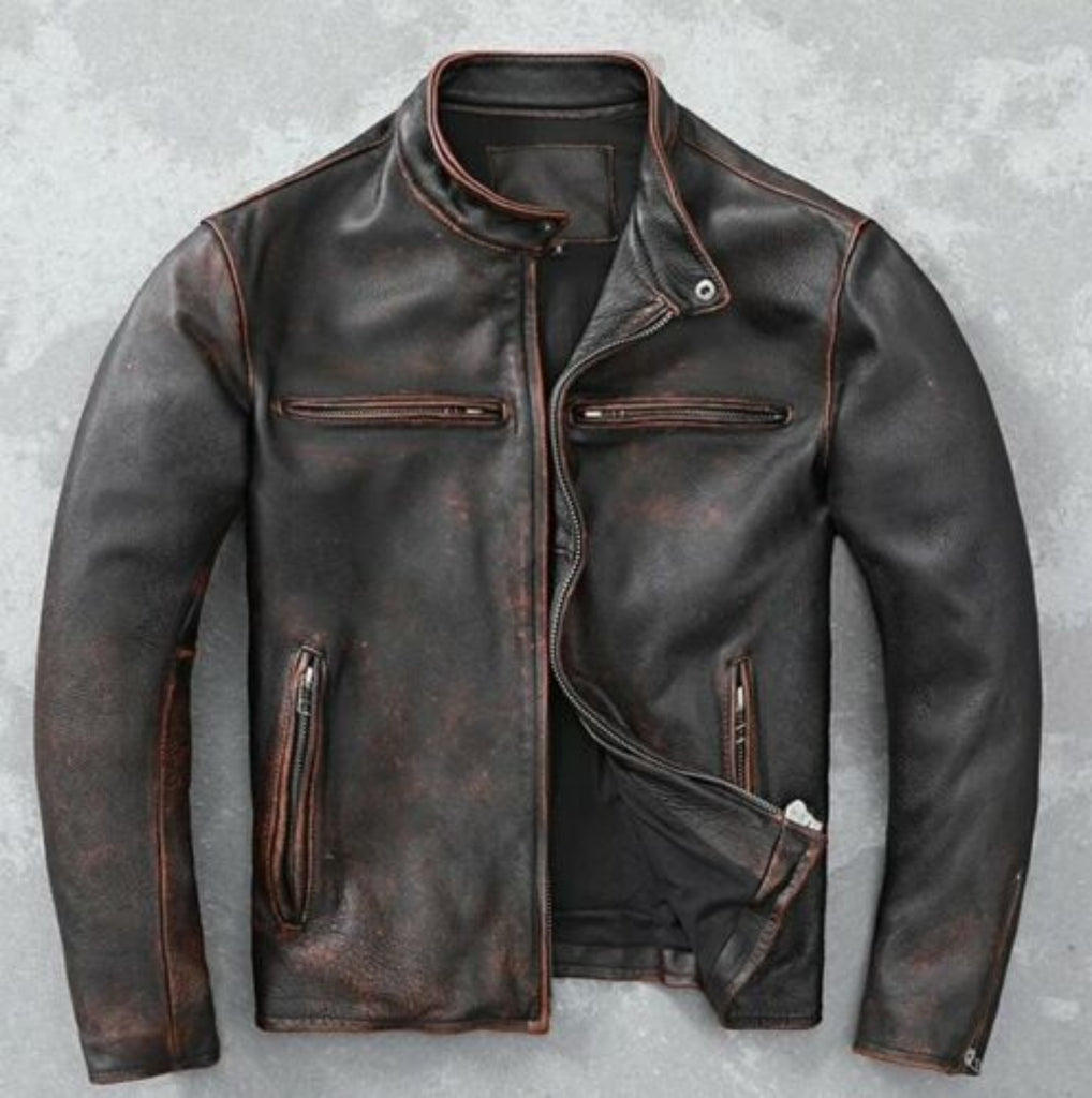 Biker Vintage Cafe Racer Distressed Black Leather Jacket